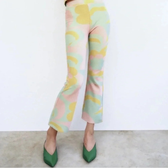 Zara Jacquard Pant Ribbed Green Pink Yellow - Picture 1 of 4